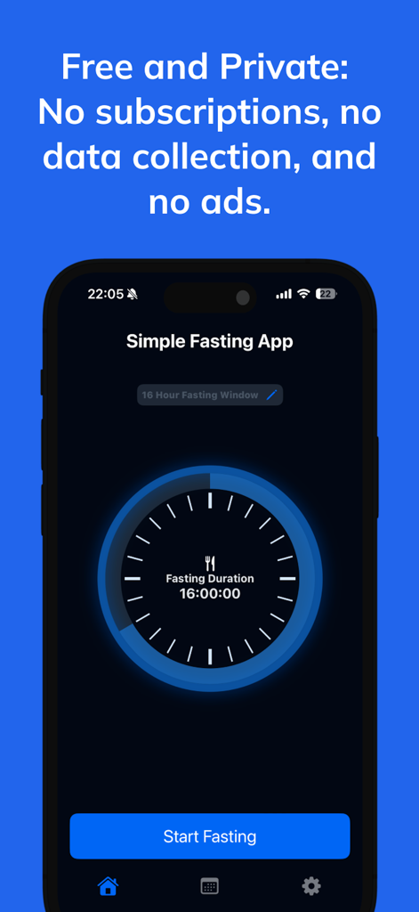 Simple Fasting App - A dark mode screenshot of the Simple Fasting App showing a circular fasting timer and a start fasting button on a blue background