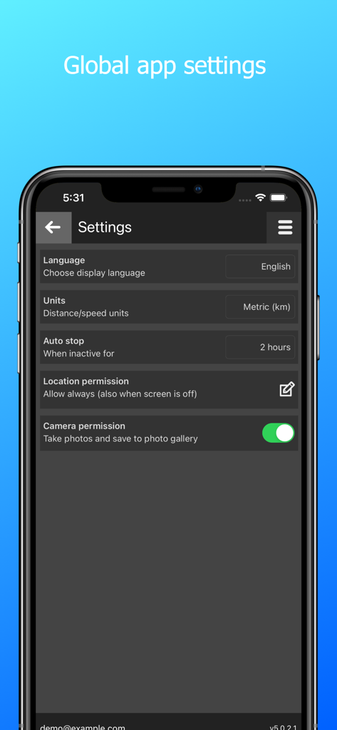 LocaToWeb Realtime GPS tracker - Captura de pantalla de la pantalla de configuración global de la aplicación en el rastreador GPS LocaToWeb que muestra opciones de idioma, unidades y permisos.