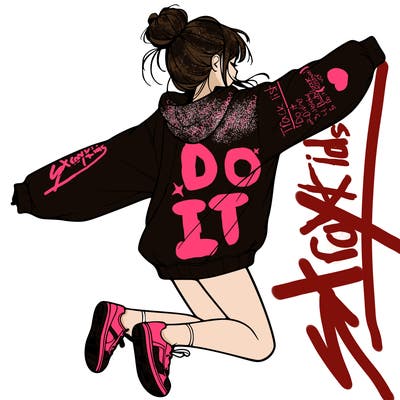 realistic girl jumping with a bun and oversized sweatshirt