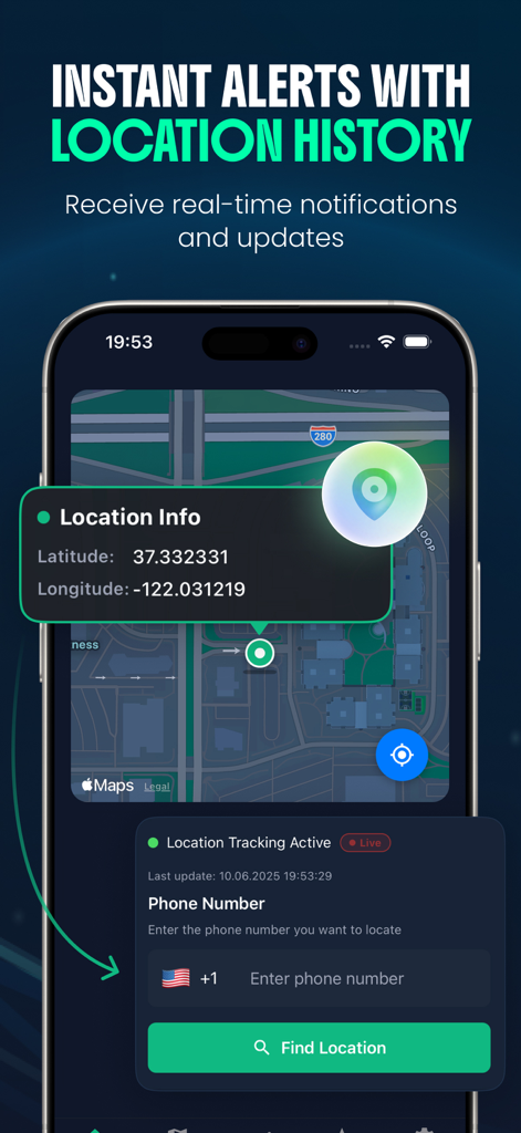 Interfaz de la aplicación GPS Location Phone Tracker que muestra coordenadas de ubicación en tiempo real y rastreo en mapa.
