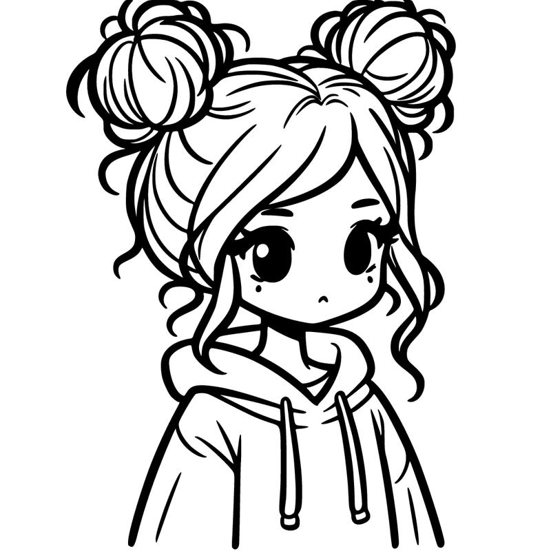 a girl with a long sleeve hoodie like a high schooler with two messy buns on the hair