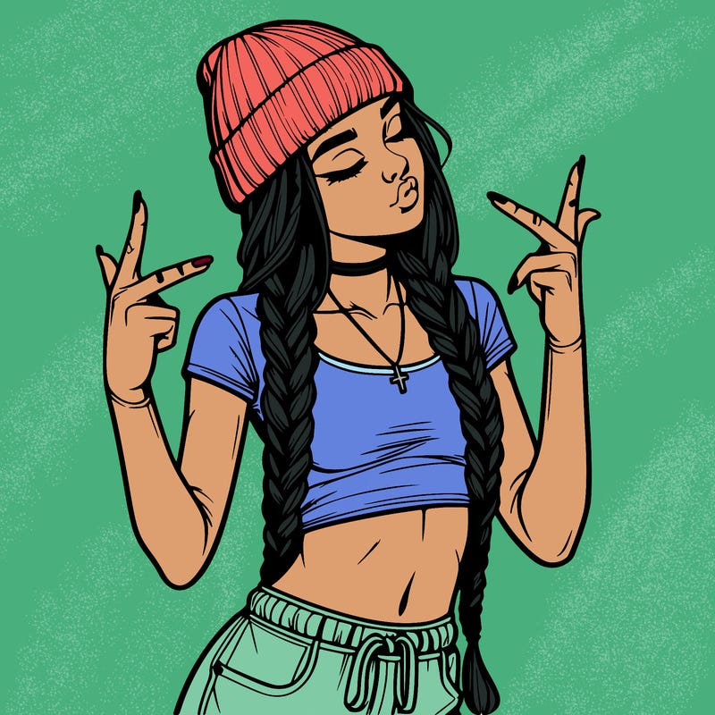 realistic teenage girl with braids and a beanie and crop top doing 🫶🏼