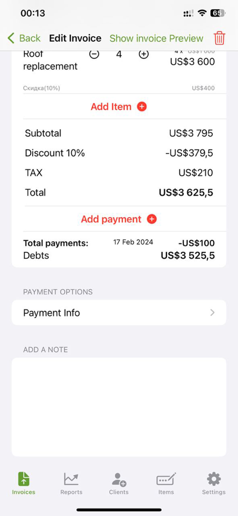 Invoice Pro Maker: PDF Billing - Mobile screen for editing a professional invoice with detailed billing and payment tracking