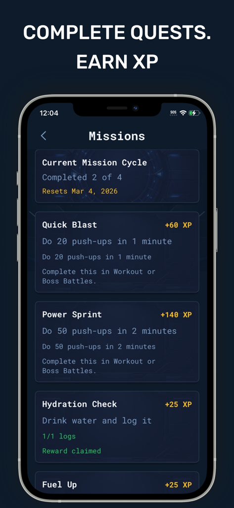 PUPG - Push Up PlayGround - PUPG app interface showing gamified fitness missions and XP rewards for push-up challenges