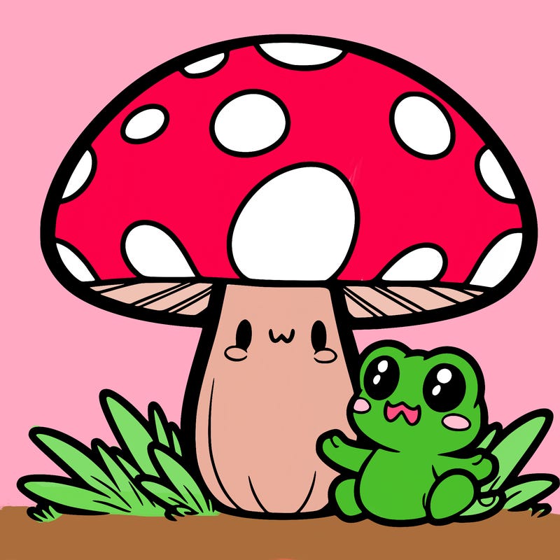 chibi mushroom with a chibi frog on it