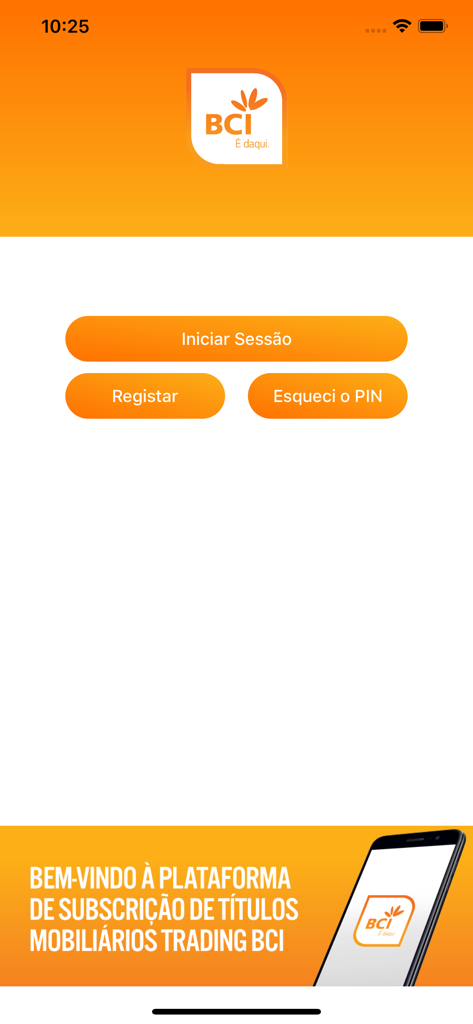BCI Trading - BCI Trading mobile app welcome screen with login and registration buttons