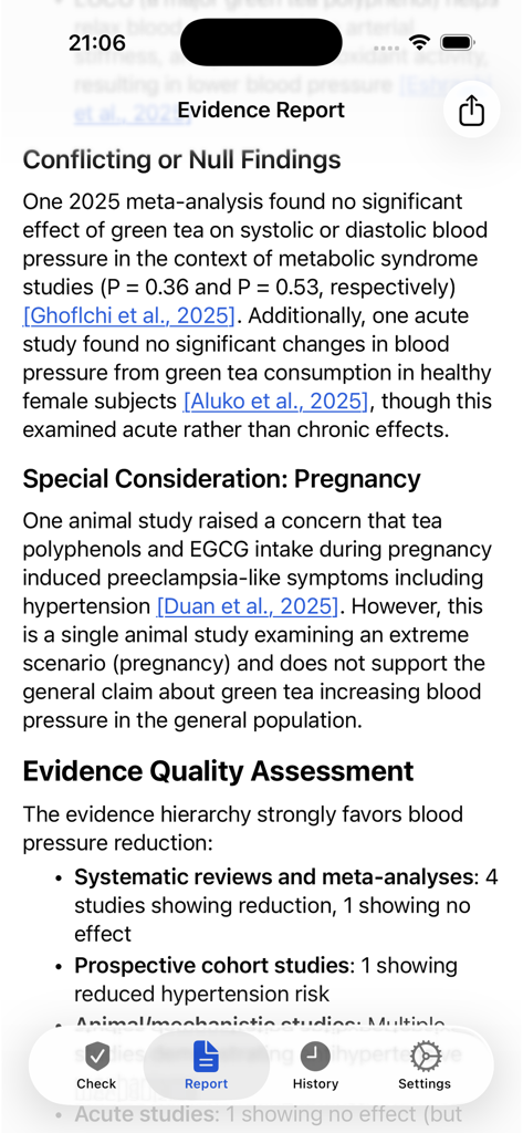 MedicalFactChecker - Medical evidence report screen with research findings and study citations