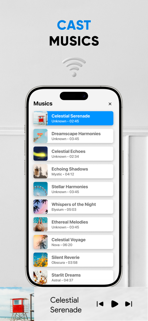TV Cast & Screen Mirroring App - Un iPhone affichant une interface de liste de lecture musicale dans l'application TV Cast pour la diffusion audio vers un téléviseur intelligent
