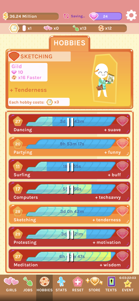 Crush Crush - Idle Dating Sim - Captura de tela da jogabilidade do menu de hobbies no Crush Crush mostrando várias estatísticas de personagens e barras de progresso.