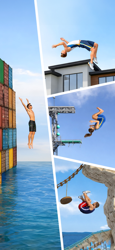 Backflip Mania - A collage showing characters performing backflips in diverse game environments like rooftops and shipping containers.