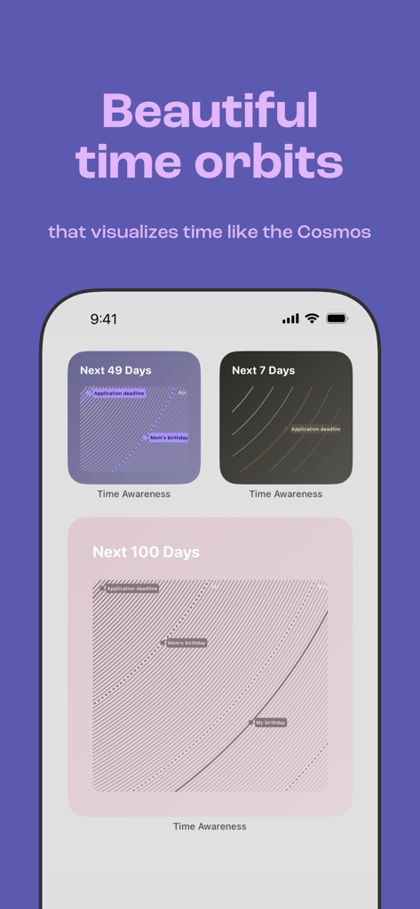 Awareness - Time Visualization - iOS Home Screen widgets from the Awareness app displaying time visualizations as cosmic orbits for different time periods.