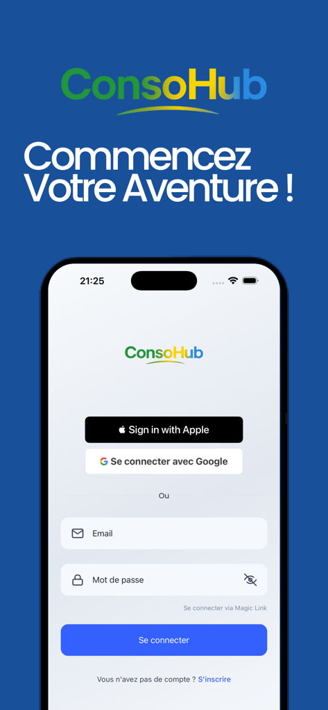 ConsoHub - ConsoHub app login screen featuring sign in options for Apple and Google