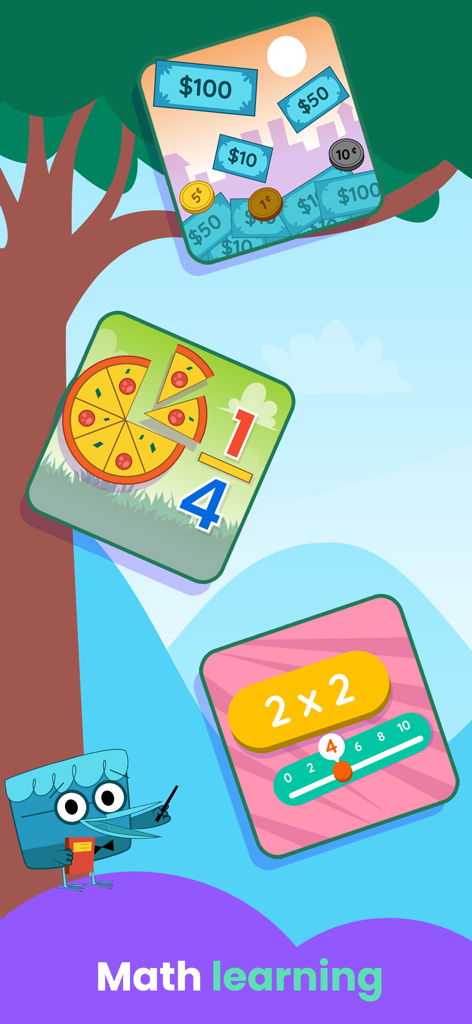 Sea Monster Fishing Games - Educational game interface showing math lessons including money counting fractions and multiplication for kids