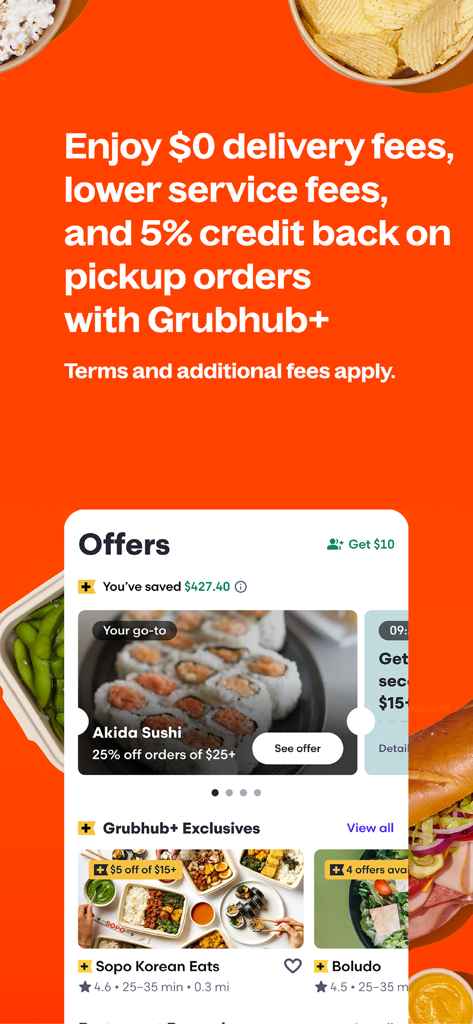 Interfaz de la aplicación Grubhub que muestra ofertas exclusivas y beneficios de envío gratuito para miembros