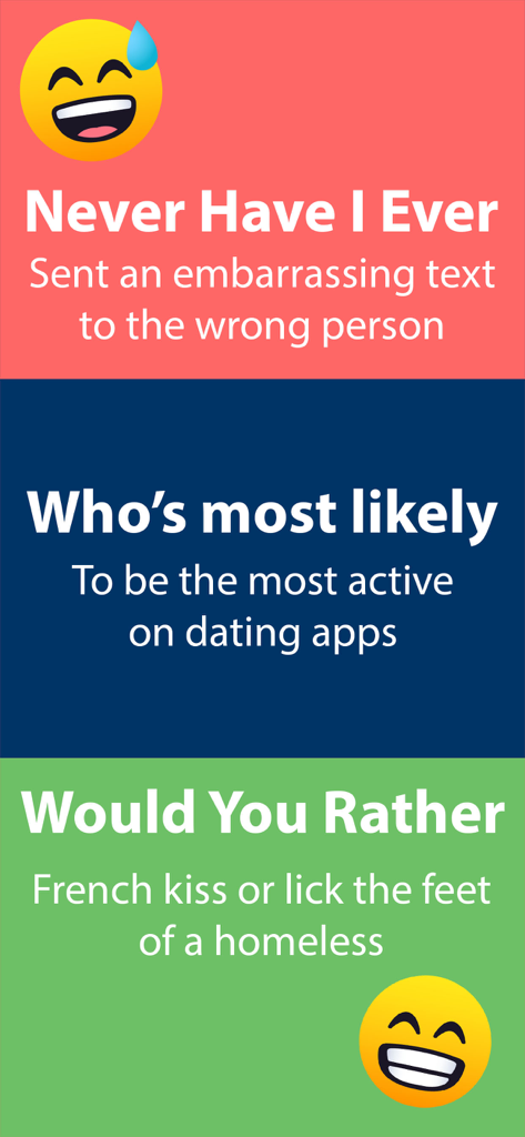 Examples of Never Have I Ever Who Is Most Likely and Would You Rather game prompts within the PartyPal app