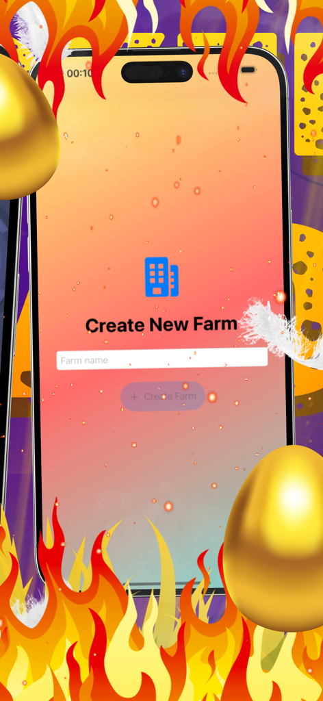Egglytics - 황금 달걀 그래픽이 있는 Egglytics 가금류 관리용 새 농장 생성 설정이 표시된 모바일 앱 화면