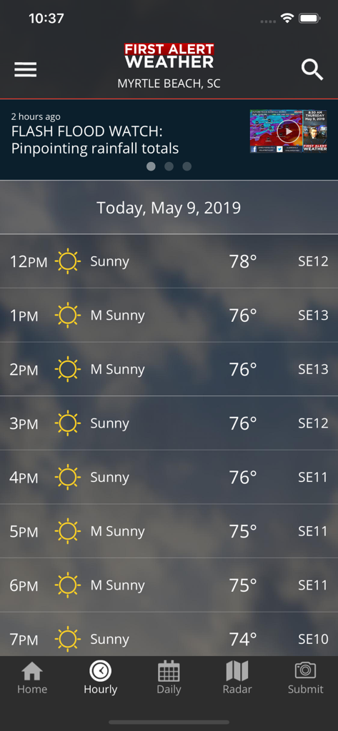 KSLA First Alert Weather app hourly forecast interface showing sunny conditions and temperatures