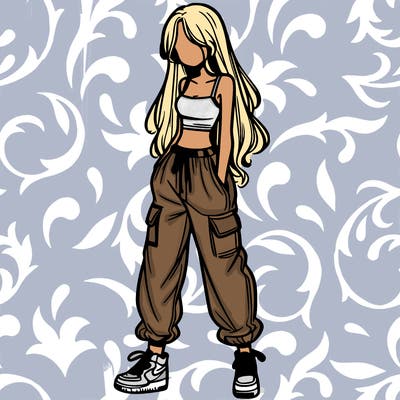 girl in baggy pants crop top and long hair