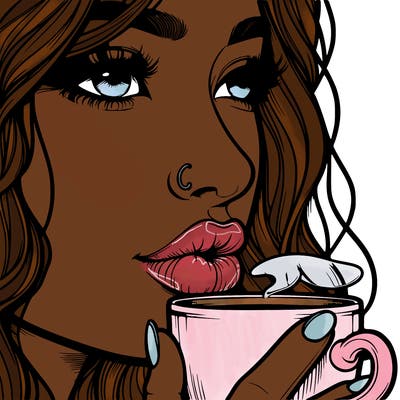 realistic girl with nose and lips drinking coffee