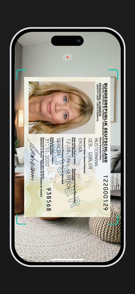 Schermata dello smartphone che utilizza Nect Wallet per scansionare una carta d'identità per la verifica automatizzata