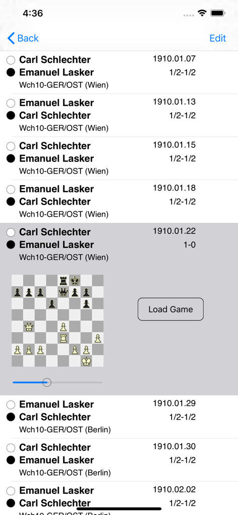 SmallFish Chess for Stockfish - A list of chess games in the SmallFish app showing historical matches and a board preview.