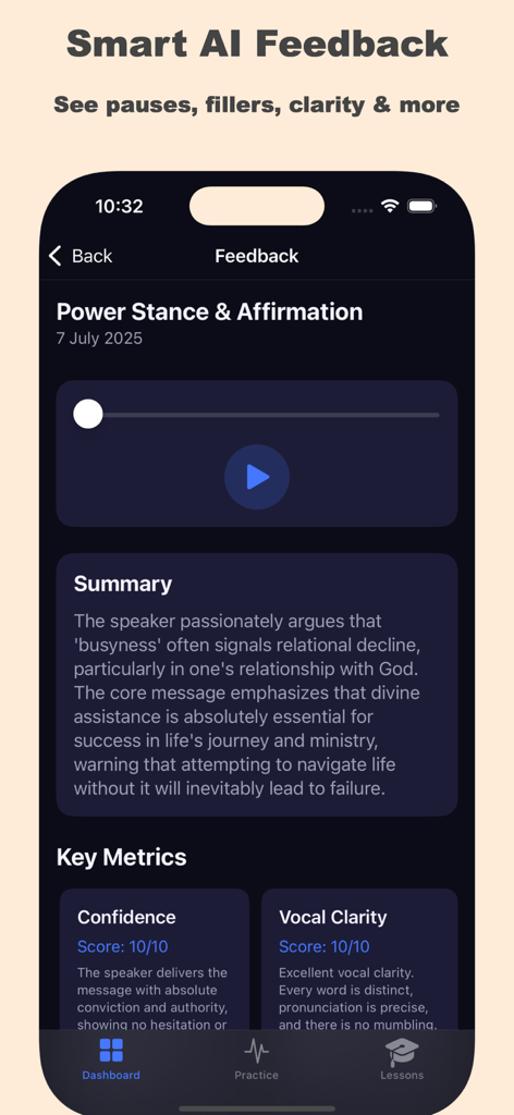 AI feedback dashboard in the Public Speaking Coach app displaying metrics for confidence and vocal clarity.