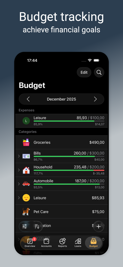 Alzex Finance Pro app budget tracking screen showing monthly expense categories and financial goal progress bars