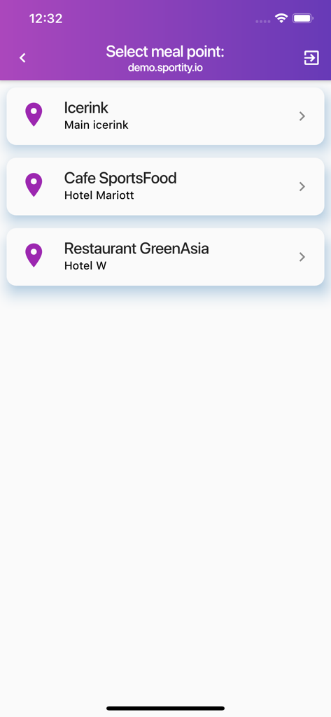 Écran de sélection des points de repas dans l'application Sportity Accreditation