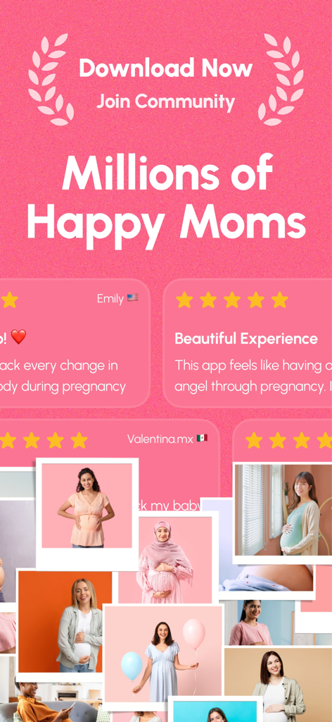 Pregnancy Tracker - Lifeing - Promotional screen for Lifeing app showing user reviews and a collage of happy pregnant women