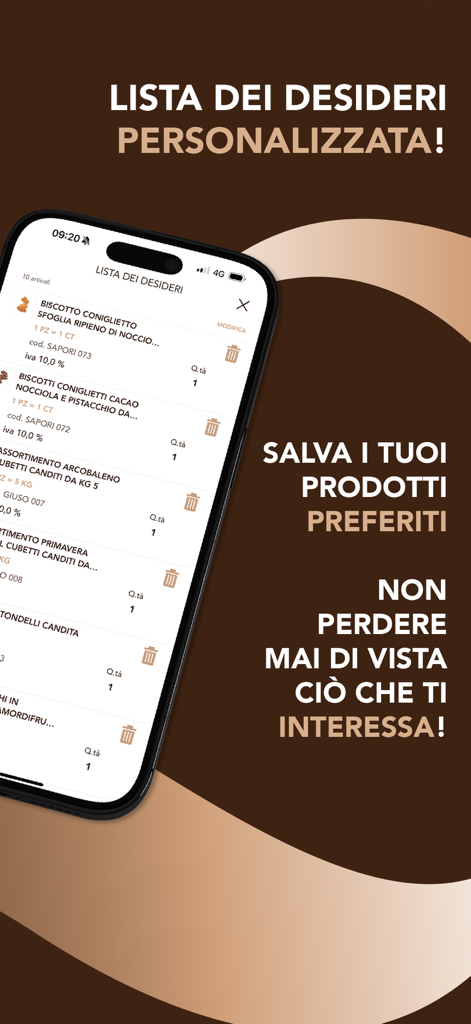 Saima: ordini clienti - Saima mobile app interface displaying a personalized wishlist feature for professional bakery and pastry supply orders