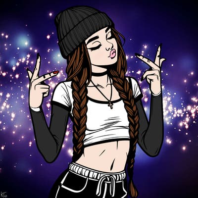 realistic teenage girl with braids and a beanie and crop top doing 🫶🏼
