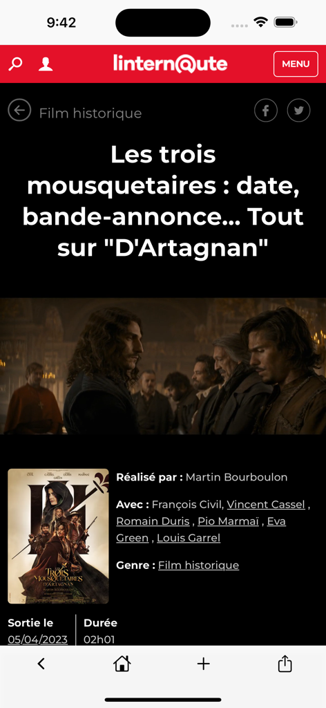 Écran de l'application Linternaute montrant des informations sur le film Les Trois Mousquetaires.