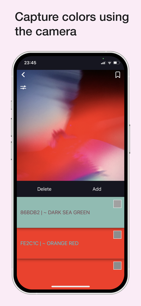 Color Wheel - カラーホイールアプリに、ライブ画像から16進数コードと名前を識別するカメラカラーピッカー機能が表示されています