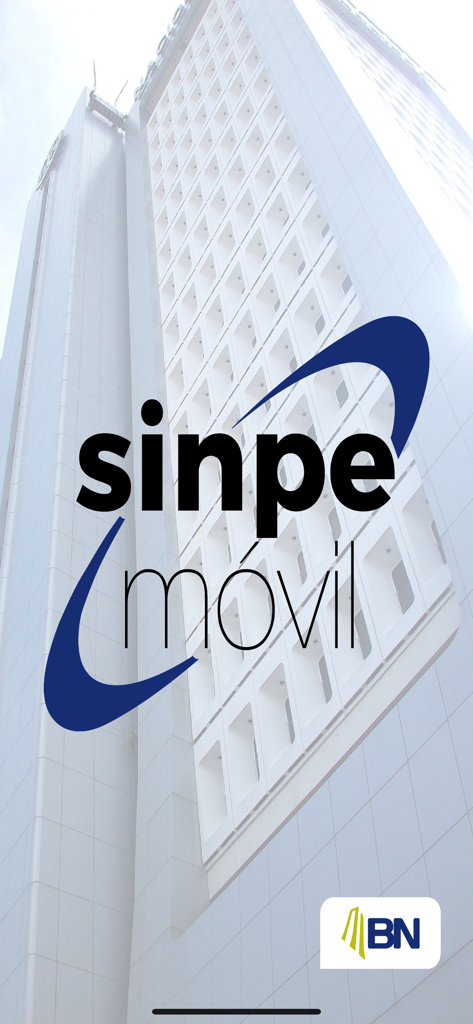 Splash screen of the BN SINPE Movil app with the logo and a skyscraper background