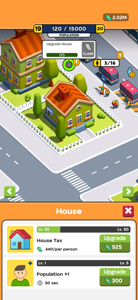 City Transportation Tycoon - Gameplay screen of City Transportation Tycoon showing house upgrade options and isometric city view
