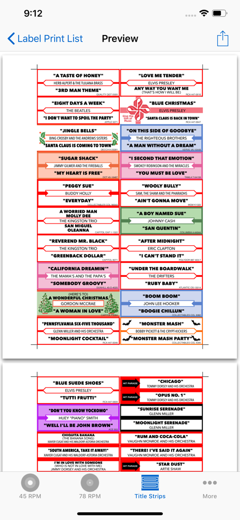 My Vinyl for Jukebox Owners - A preview screen showing multiple professionally designed and colorful jukebox title strips for various classic songs.