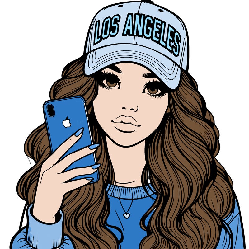realistic beautiful girl wearing los ángeles cap holding an iphone