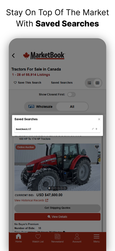 MarketBook - Interfaz de la aplicación móvil MarketBook que muestra una superposición de búsqueda guardada en una página de listado de tractores