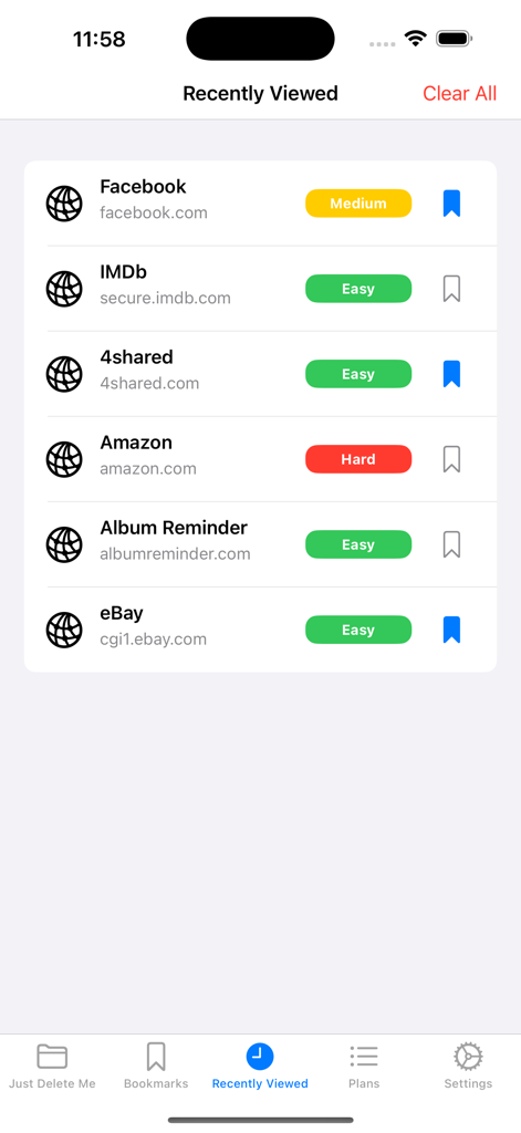 Recently viewed services in the Just Delete Me app with account deletion difficulty levels.