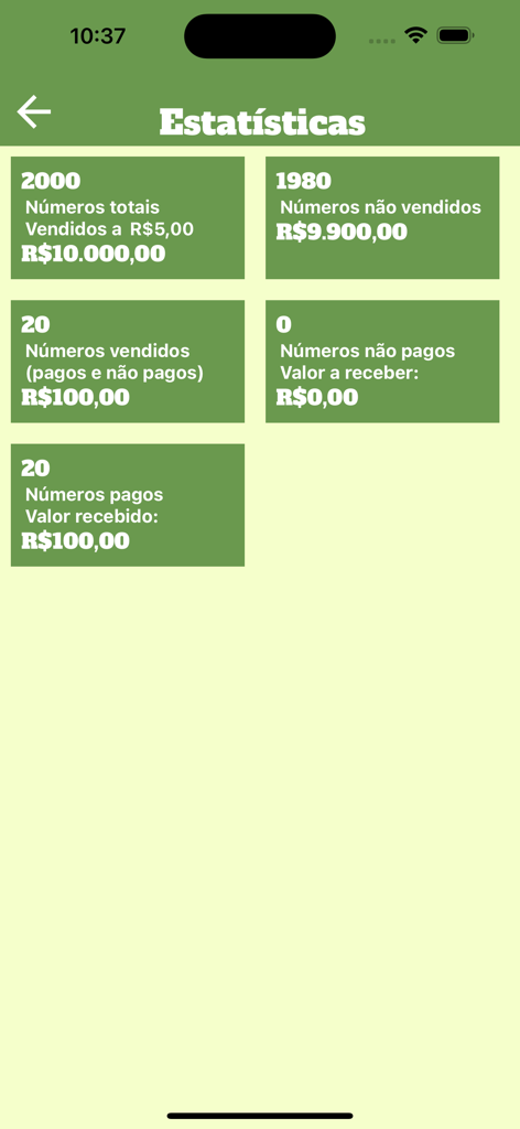 Rifa Fácil - Rifa Fácil app statistics screen showing raffle sales data and financial totals.