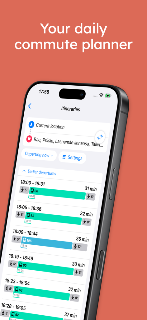 Vedu - Tallinn Transport - Tela de itinerários do aplicativo Vedu mostrando rotas de transporte público e tempos de viagem em Tallinn