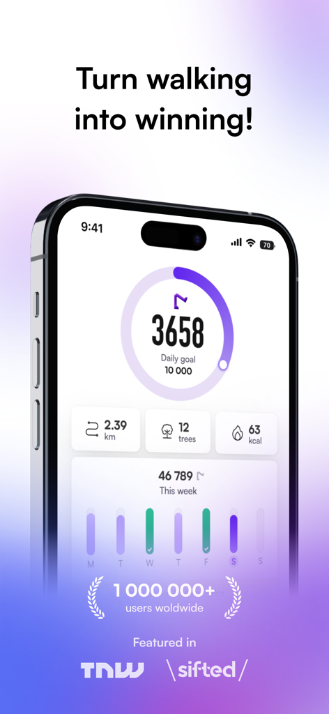 #walk15 – Useful Steps App - The Walk15 app dashboard on an iPhone showing daily steps, distance covered, and virtual trees earned for environmental impact.