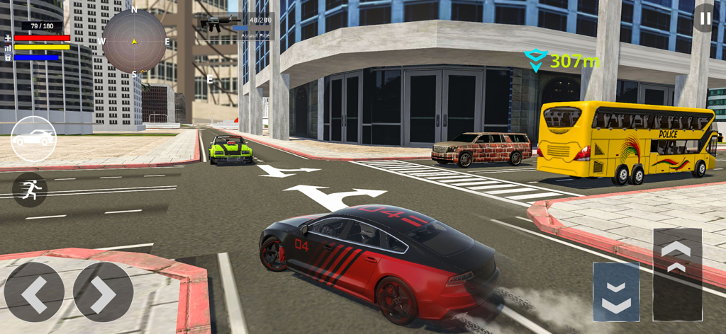 A sports car driving through an open-world city street in Superhero Simulator Fighter 3d.