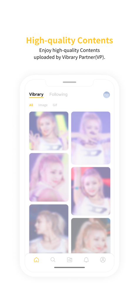 Vibrary - kpop gallery - Vibrary app screen displaying a feed of high quality Kpop idol photos