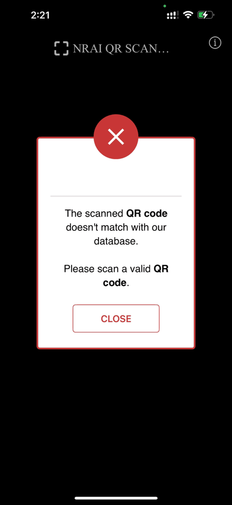 NRAI - NRAI app displaying an error message for an invalid QR code scan