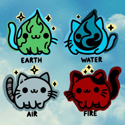 4 cats that represent the different elements, earth, water, air, and fire
