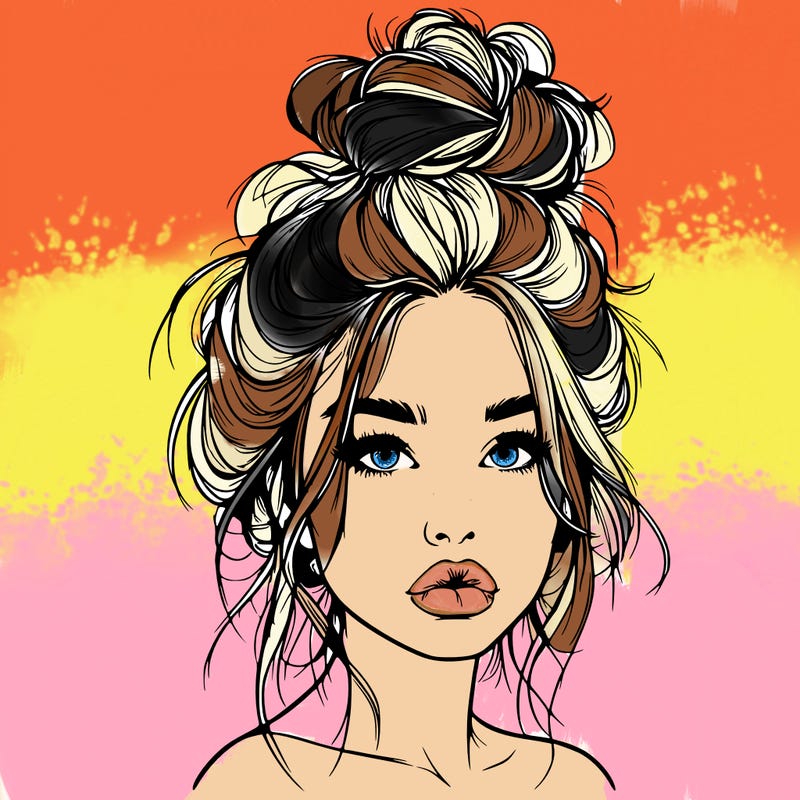 realistic girl with a messy bun and she has lips