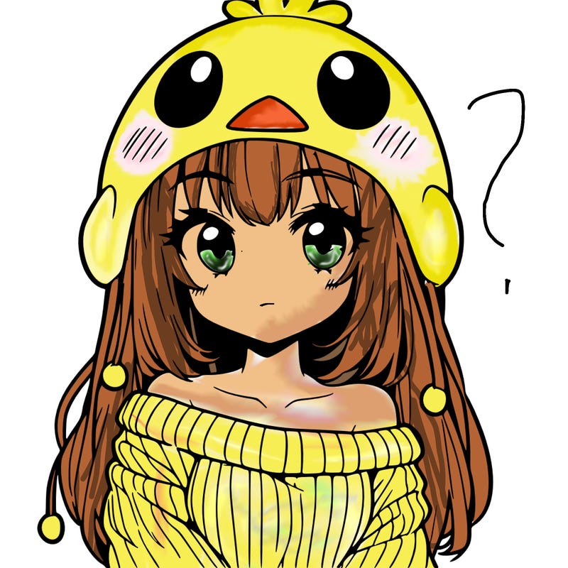 anime girl with chick shaped hat with sweater with bare shoulders with bangs covering them one eye with low tail