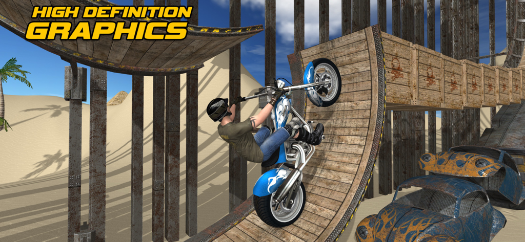 Motorbike - A motorbike performing a jump on a wooden ramp with high definition graphics.
