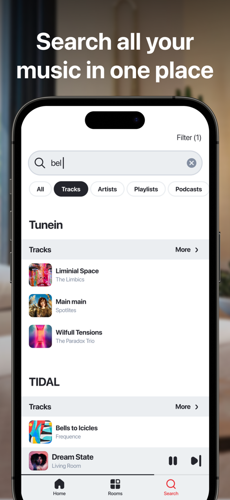 Ein Screenshot des HEOS App-Suchbildschirms, der Musikergebnisse von TIDAL und TuneIn an einem Ort zeigt